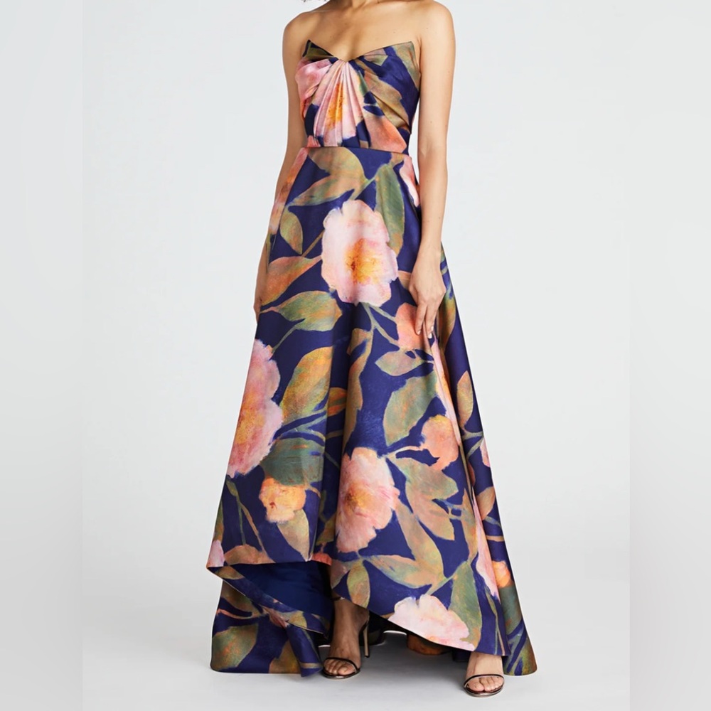 Theia Strapless Floral Mikado Gown, Navy and Coral, size 6
